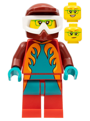 Freya McCloud - Stuntz Driver, Dark Red Jumpsuit with Dark Turquoise and Orange Flames, Red Legs, Dark Red Dirt Bike Helmet, White Goggles