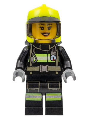 Fire - Female, Black Jacket and Legs with Reflective Stripes, Neon Yellow Fire Helmet, Trans-Brown Visor, Dark Orange Lips