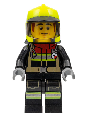 Fire - Male, Black Jacket and Legs with Reflective Stripes and Red Collar, Neon Yellow Fire Helmet, Trans-Brown Visor, Dark Orange Sideburns (Bob)