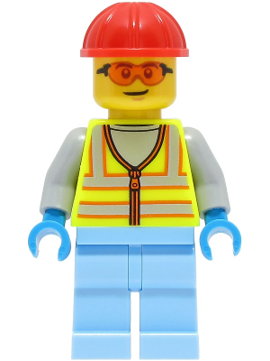 Space Engineer - Male, Neon Yellow Safety Vest with Reflective Stripes, Bright Light Blue Legs, Red Construction Helmet, Safety Glasses