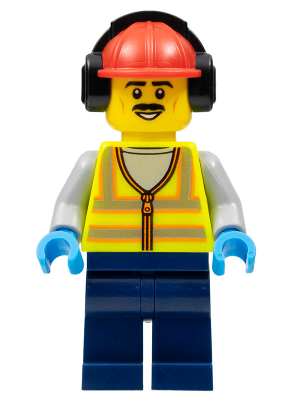Stuntz Crew - Male, Neon Yellow Safety Vest with Reflective Stripes, Dark Blue Legs, Red Construction Helmet with Black Ear Protectors / Headphones