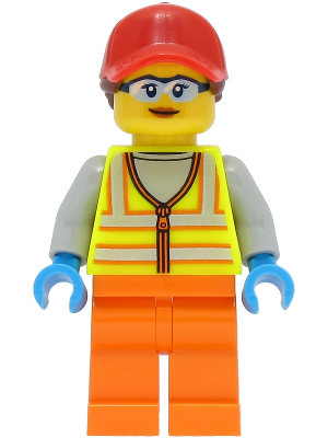 Reach Stacker Driver - Female, Neon Yellow Safety Vest with Reflective Stripes, Orange Legs, Red Ball Cap with Reddish Brown Ponytail