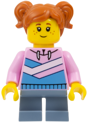 Child - Girl, Bright Pink Hoodie with Medium Blue and White Diagonal Stripes, Sand Blue Short Legs, Dark Orange Hair with Pigtails, Freckles