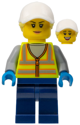 Forklift Driver - Female, Neon Yellow Safety Vest with Reflective Stripes, Dark Blue Legs, White Cap with Bright Light Yellow Ponytail Hair