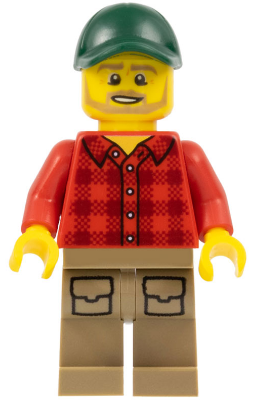 Forklift Driver - Male, Red Plaid Flannel Shirt, Dark Tan Legs with Pockets, Dark Green Cap