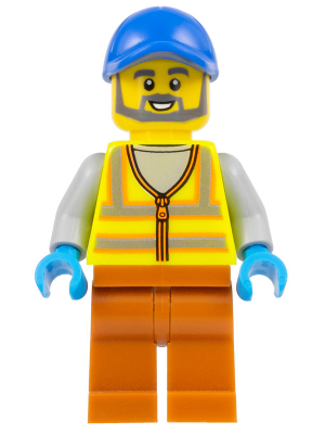 Recycling Worker - Male, Neon Yellow Safety Vest with Reflective Stripes, Dark Orange Legs, Blue Cap