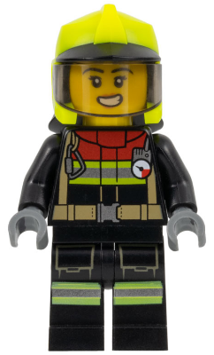 Fire - Female, Black Jacket and Legs with Reflective Stripes and Red Collar, Neon Yellow Fire Helmet, Trans-Brown Visor