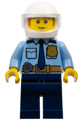 Police - City Shirt with Dark Blue Tie and Gold Badge, Dark Tan Belt with Radio, Dark Blue Legs, White Helmet, Sideburns