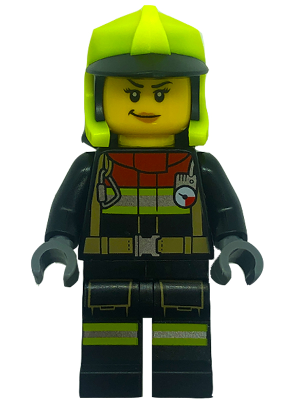 Fire - Female, Black Jacket and Legs with Reflective Stripes and Red Collar, Neon Yellow Fire Helmet, No Visor