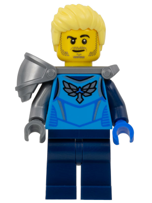 Stuntz Driver - Male, Dark Azure Racing Shirt with Silver Wings Logo, Dark Blue Legs, Flat Silver Shoulder Pad, Bright Light Yellow Spiked Hair Swept Up, Stubble