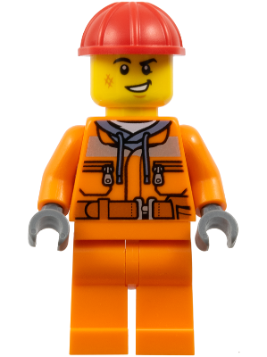 Construction Worker - Male, Orange Safety Jacket, Reflective Stripe, Sand Blue Hoodie, Orange Legs, Red Construction Helmet
