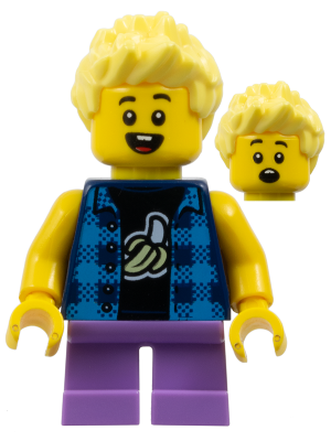 Child - Boy, Flannel Vest over Shirt with Banana, Medium Lavender Short Legs, Bright Light Yellow Spiked Hair