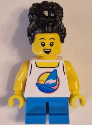 Child - Girl, White Tank Top with Sailboat, Dark Azure Short Legs, Black Coiled Hair with Bun, Freckles