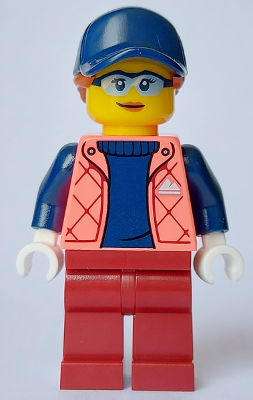 Female - Coral Jacket over Sweater, Dark Red Legs, Dark Blue Cap, Dark Orange Hair