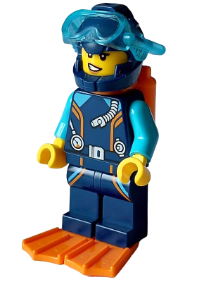 Arctic Explorer Diver - Female, Dark Blue Diving Suit and Helmet, Orange Air Tanks and Flippers, Trans-Light Blue Diver Mask, Lopsided Smile