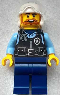 Police - City Officer Male, Black Safety Vest with Silver Star Badge Logo, Dark Blue Legs, White Helmet, Trans-Clear Visor, Beard