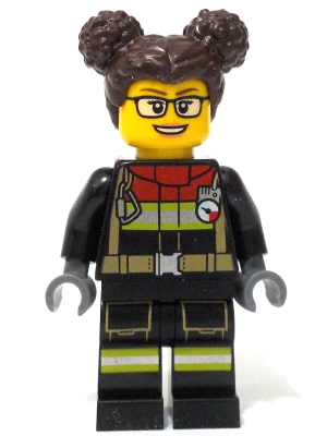 Fire - Female, Black Jacket and Legs with Reflective Stripes and Red Collar, Dark Brown Hair with Buns, Glasses