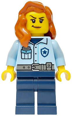 Police - City Officer Female, Bright Light Blue Uniform with Dark Bluish Gray Belt, Dark Blue Legs, Dark Orange Hair over Shoulder