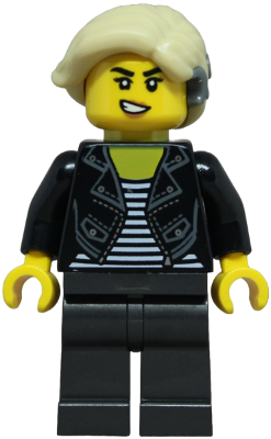 Sports Car Driver - Female, Black Leather Jacket over Shirt with White Stripes, Pearl Dark Gray Legs, Tan Hair with Cochlear Implant