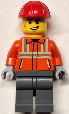 Construction Worker - Male, Reddish Orange Safety Jacket with Reflective Stripes, Dark Bluish Gray Legs, Red Construction Helmet, Lopsided Smile