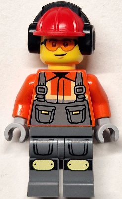 Construction Worker - Male, Dark Bluish Gray Overalls over Reddish Orange Safety Jacket with Reflective Stripes, Dark Bluish Gray Legs with Knee Pads, Red Construction Helmet with Black Ear Protectors
