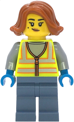 Scrapyard Worker - Female, Neon Yellow Safety Vest with Reflective Stripes, Sand Blue Legs, Dark Orange Hair, Beauty Mark