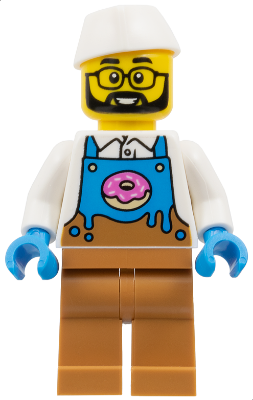 Donut Truck Vendor - Male, Dark Azure and Medium Nougat Apron with Donut over White Shirt, Medium Nougat Legs, White Butcher / Food Service Cap, Glasses, Beard