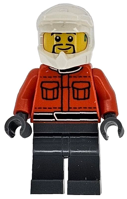 Formula 1 Pit Crew Member - Male, Reddish Orange Racing Suit with Pockets, Dark Bluish Gray Legs, White Dirt Bike Helmet, Goatee, Hearing Aid