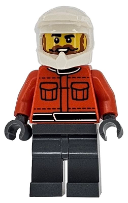 Formula 1 Pit Crew Member - Male, Reddish Orange Racing Suit with Pockets, Dark Bluish Gray Legs, White Dirt Bike Helmet, Beard and Moustache