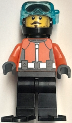 Diver - Male, Reddish Orange Wetsuit, Black Legs, Helmet, Air Tanks and Flippers, Trans-Light Blue Visor, Dark Brown Stubble