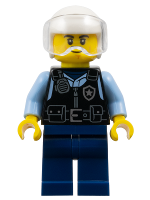 Police - City Officer Male, Black Safety Vest with Silver Star Badge Logo, Dark Blue Legs, White Helmet, Trans-Clear Visor, Lopsided Grin