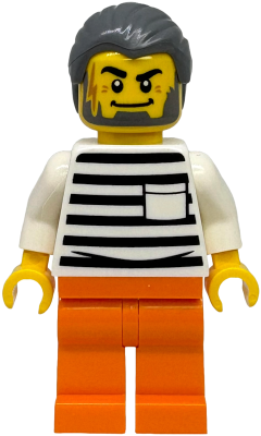 Police - City Jail Prisoner Male, White Shirt with Pocket and Black Stripes, Orange Legs, Dark Bluish Gray Hair