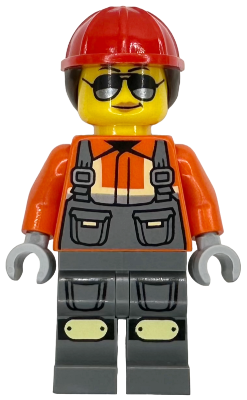 Construction Worker - Female, Dark Bluish Gray Overalls over Reddish Orange Safety Jacket with Reflective Stripes, Dark Bluish Gray Legs with Knee Pads, Red Construction Helmet with Dark Brown Ponytai