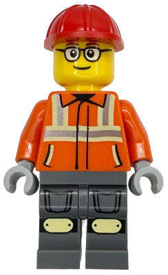 Construction Worker - Male, Reddish Orange Safety Jacket with Reflective Stripes, Dark Bluish Gray Legs with Knee Pads, Red Construction Helmet