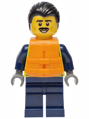 Police - City Officer Male, Neon Yellow Safety Vest, Dark Blue Legs, Black Combed Back Hair, Orange Life Jacket, Moustache