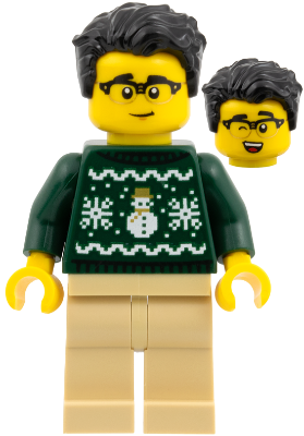 Man - Dark Green Holiday Sweater, Tan Legs, Black Hair