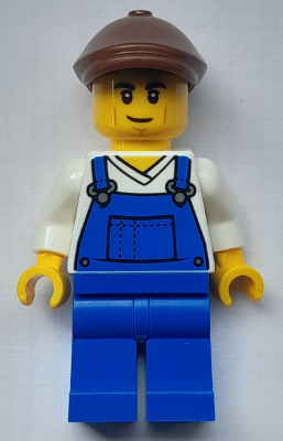 Farmer - Male, Blue Overalls over V-Neck Shirt, Blue Legs, Reddish Brown Flat Cap