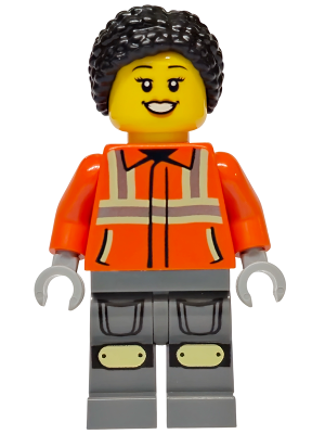 Construction Worker - Female, Reddish Orange Safety Jacket with Reflective Stripes, Dark Bluish Gray Legs with Knee Pads, Black Hair Braided with Knot Bun