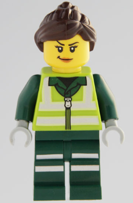 Recycling Worker - Female, Lime Safety Jacket with Reflective Stripes, Dark Green Legs with Reflective Stripes, Dark Brown Ponytail and Swept Sideways Fringe
