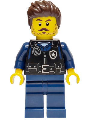 Police - City Officer Male, Black Safety Vest with Silver Star Badge Logo, Dark Blue Legs, Dark Brown Wavy Hair