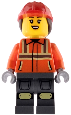 Construction Worker - Female, Reddish Orange Safety Jacket with Reflective Stripes, Dark Bluish Gray Legs, Red Construction Helmet with Dark Brown Ponytail Hair, Open Mouth Smile with Top Teeth