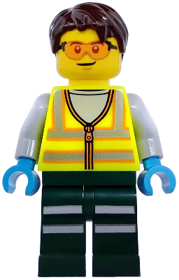 Service Truck Driver - Male, Neon Yellow Safety Vest with Reflective Stripes, Dark Green Legs with Reflective Stripes, Dark Brown Hair