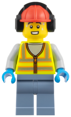 Airport Worker - Male, Neon Yellow Safety Vest with Reflective Stripes, Sand Blue Legs, Red Construction Helmet with Black Ear Protectors / Headphones