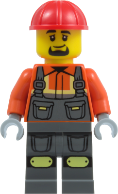 Construction Worker - Male, Dark Bluish Gray Overalls over Reddish Orange Safety Jacket with Reflective Stripes, Dark Bluish Gray Legs with Knee Pads, Red Construction Helmet, Goatee
