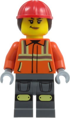 Construction Worker - Female, Reddish Orange Safety Jacket with Reflective Stripes, Dark Bluish Gray Legs with Knee Pads, Red Construction Helmet with Dark Brown Ponytail Hair, Smirk