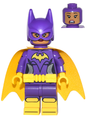 Batgirl - Minifigure, Dark Purple Suit, Yellow Cape, Smirk / Surprised