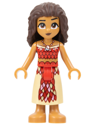 Moana (Medium Nougat) - Mini Doll, Dark Red and Red Strapless Top, Tan Long Skirt with Feathers, Dark Brown Hair