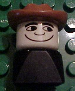 Duplo 2 x 2 x 2 Figure Brick Early, Male on Black Base, Fabuland Brown Western Hat, Looking Left