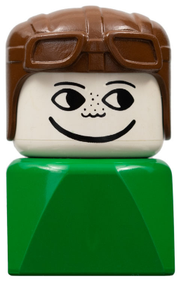 Duplo 2 x 2 x 2 Figure Brick Early, Male on Green Base, Brown Aviator Hat