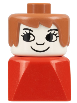 Duplo 2 x 2 x 2 Figure Brick Early, Female on Red Base, Fabuland Brown Hair, Eyelashes, Nose